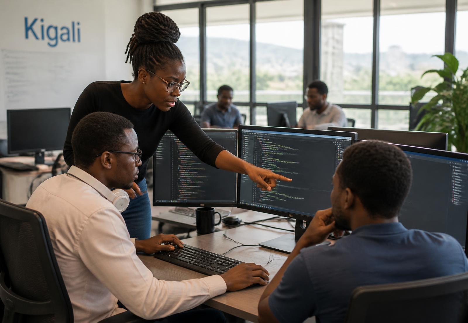 Nile Reach developers reviewing code together in the Kigali studio